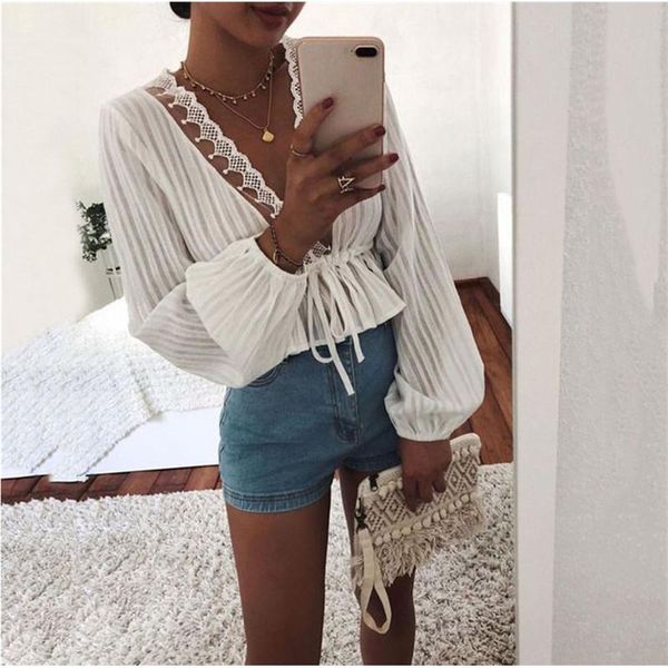

women's blouses & shirts fashion striped lace women white v neck lady ol style summer long sleeve female vestidos