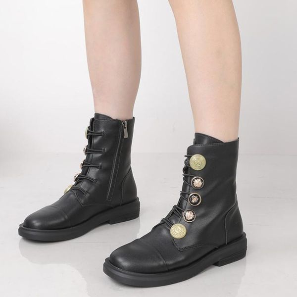 

boots lyxlyh fashion metal decoration flat ankle for women 2021 black waterproof pu leather platform shoes woman botas mujer