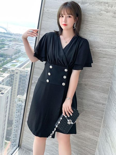 

casual dresses v-neck lotus sleeve waist stitching double row button irregular dress 2021 summer pattern, Black;gray
