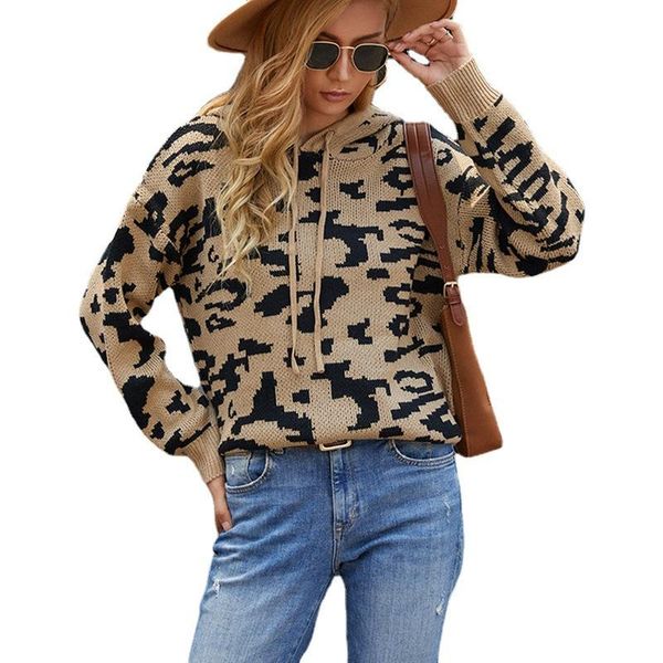 

women's hoodies & sweatshirts fashion casual women knitted leopard print hooded streetwear female knitwear leisurewear, Black