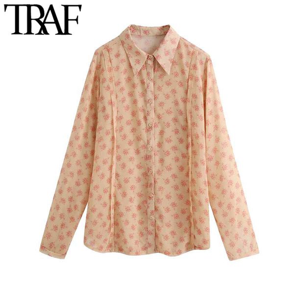 

traf women fashion semi-sheer print chiffon blouses vintage long sleeve button-up female shirts chic 210415, White