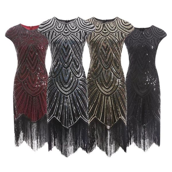 

vintage women sequins tassels round neck sleeveless banquet cocktail party dress casual dresses, Black;gray