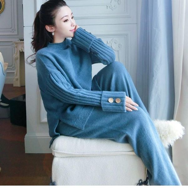 

two piece dress 2021 women sweater knitted tracksuit suit sets casual long sleeve pullover sweaters wide leg pants female clothes, White
