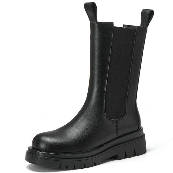 

boots platform chunky heels ankle snow genuine leather vintage winter est round toe shoes woman basic office women, Black