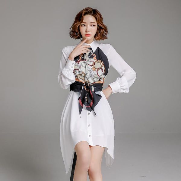 

casual dresses jsxdhk spring summer print dress 2021 women blouse belt fashion runway single-breasted patchwork white, Black;gray