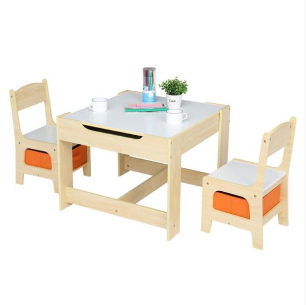 Esszimmermöbel-Set für Kinder aus Holz und Stühlen mit zwei Aufbewahrungstaschen (ein Tisch, zwei Schreibtische)