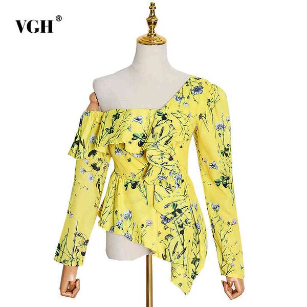 

vgh asymmetrical patchwork shirts for women skew collar off shoulder long sleeve ruffles blouses female fashion clothing summer 210421, White