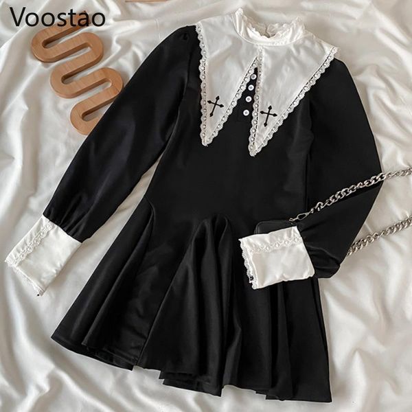 

casual dresses spring autumn gothic chic party mini dress girly harajuku y2k lace patchwork punk women vintage cross embroidery, Black;gray