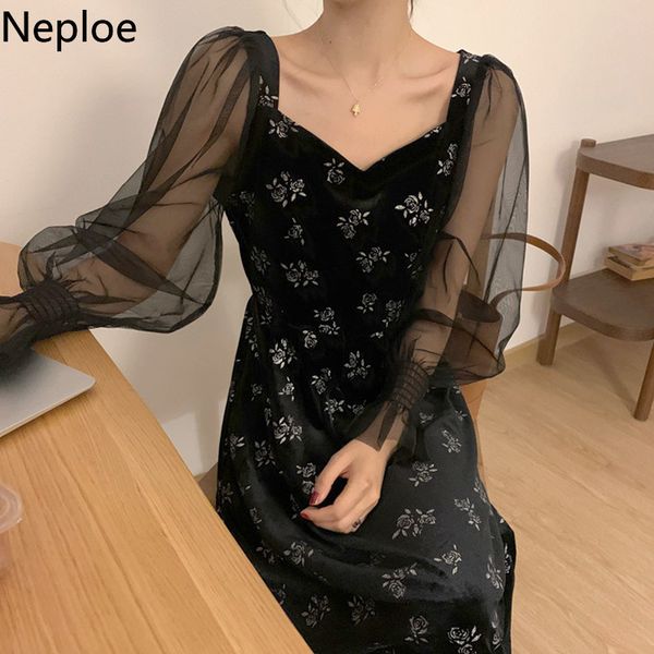 NEPLOE Vintage elegante Maxi Vestidos Mulheres Corean Chic Robe Sexy V-pescoço De Gaze Patchwork Vestidos Flare Manga Slim Vestido Preto 210422