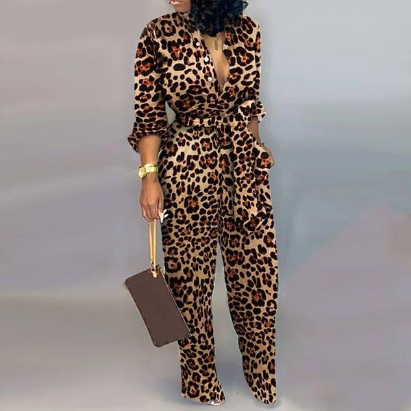 

women's jumpsuits & rompers leopard tied waist long sleeve jumpsuit women, Black;white
