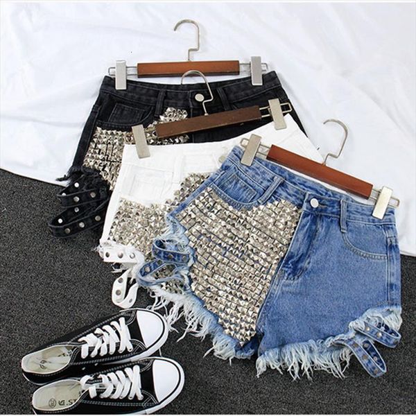 

rivet denim shorts women fringed street wear short pant lady, White;black