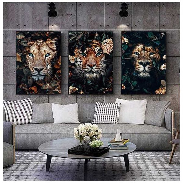 Fiore Animale Leone Tigre Cervo Leopardo Astratta Tela Pittura Wall Art Nordic Stampa Poster Immagine decorativa Living Room Decor 211222