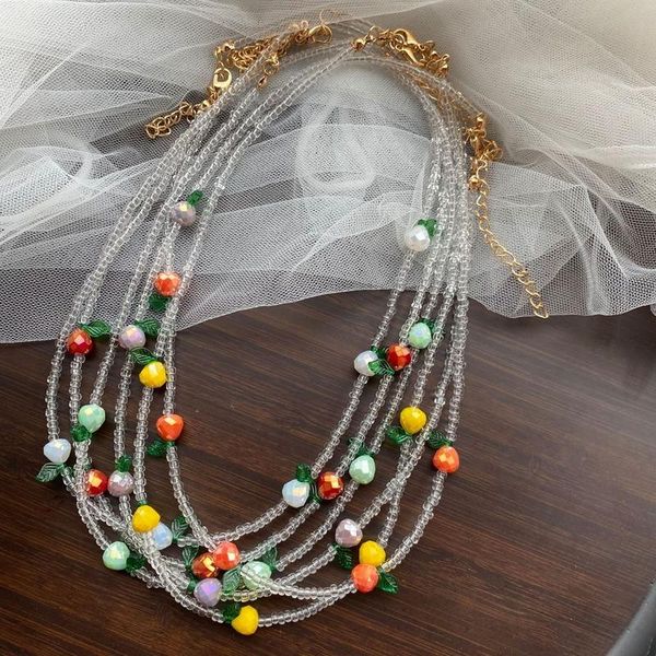

chokers korean style fruit pineapple cherry double layered belt necklace female handmade beaded pearl clavicle chain for party jewerley, Golden;silver