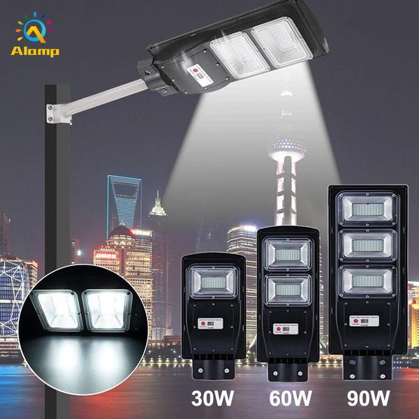 

solar street light 30w 60w 90w radar sensor outdoor road lamp integrated sun panel lights with remote pole