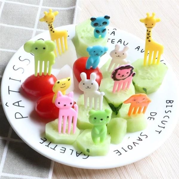 10 pçs / conjunto animal fruta garfo mini desenhos animados para crianças lanche bolo sobremesa comida escolher fruta dentypick cor aleatória