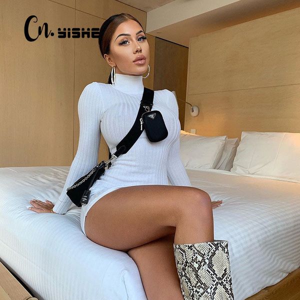 

cnyishe ribbed knitting turtleneck autumn casual dress women long sleeve fashion party bodycon dresses woman dress vestidos 210419, Black;gray