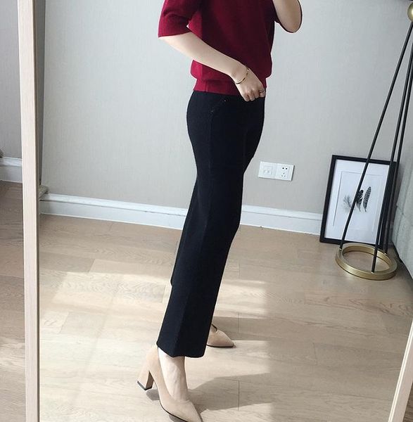 

women's pants & capris 2021 spring autumn lady casual knit cashmere full length fashion lace-up high waist wool with pockets quality, Black;white