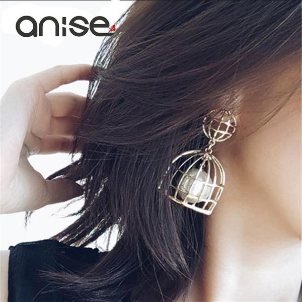 

stud anise exaggeration metal hollow bird cage imitation pearl geometric pendant big earrings female fashion aretes jewelry, Golden;silver