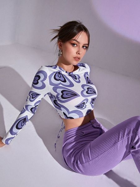 

heart print tie back crop tee a8ka#, White