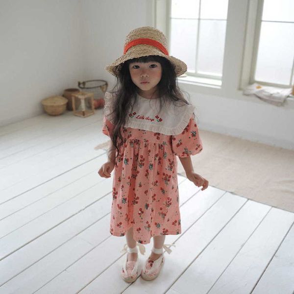 Koreanischer Stil Sommer Kinder Mädchen Kleid Gelb Rosa Blumen Kurze Puffärmel Umlegekragen Stickerei 1-6 Jahre E36 210610