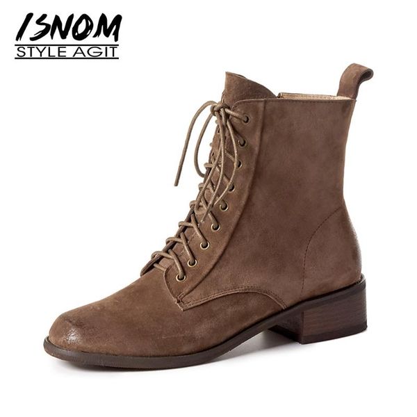 

boots isnom women genuine leather ankle round toe zip footwear chunky heel fashion cross tied ladies shoes winter 2021, Black