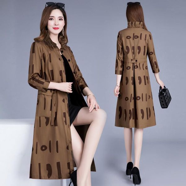 

women's wool & blends thin windbreaker spring and autumn style korean loose nine-point sleeve printed jacket, Black