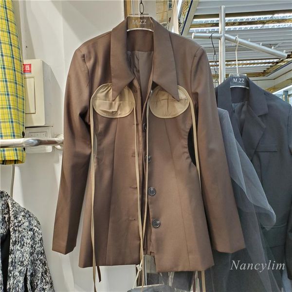 

women's jackets autumn fashion coat women slim hollow waist tassel lapel long sleeve femme 2021, Black;brown