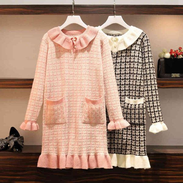 

autumn sweet korean winter long short mermaid girly elegant dress loose plaid sweater knitted in femme robe, Black;gray