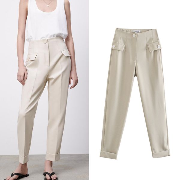 

za spring autumn pants women ankle-length solid trouser high waist straight pantalon female fashion zipper pockets 210422, Black;white