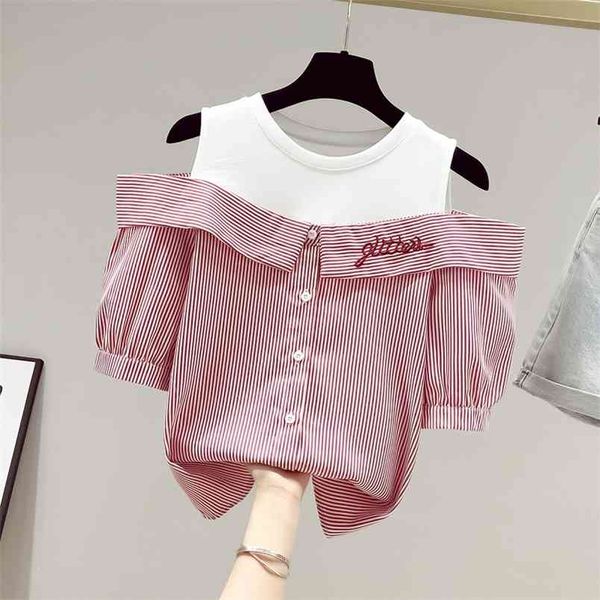

summer women o neck off shoulder short sleeves patchwork stripe shirts female casual pullover shirt blouse 210428, White