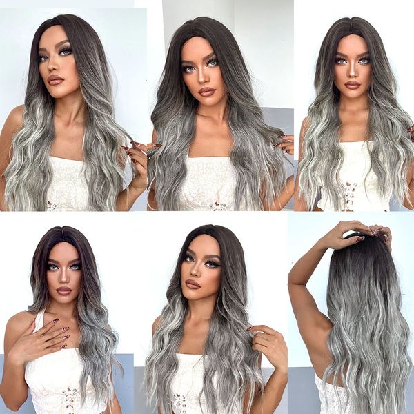 

costume accessories easihair long brown to grey ombre synthetic wigs natural wave wigs for women heat resistant daily cosplay wigs wavy hair, Silver