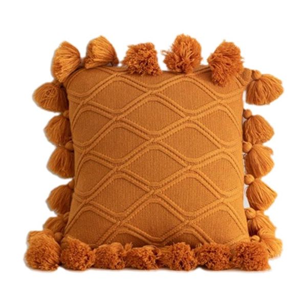 

pillow case knitted throw with pompoms tassel geometric stiped cushion cover