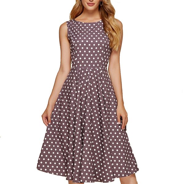 

little dot brown retro hepburn style sleeveless women's dress fluffy maxi dresses for women x0521, Black;gray