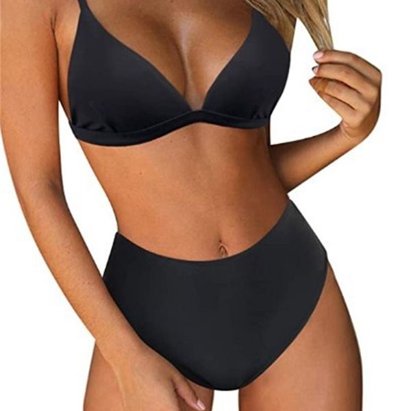 

split bikini high waist swimsuit women's solid color, White;black