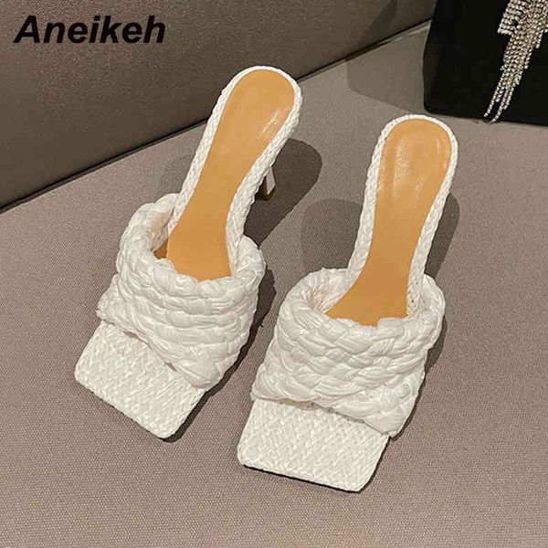 

fashion square open toe summer sandals concise pu band weave thin high heels ladies outside party slippers35-40 210507, Black