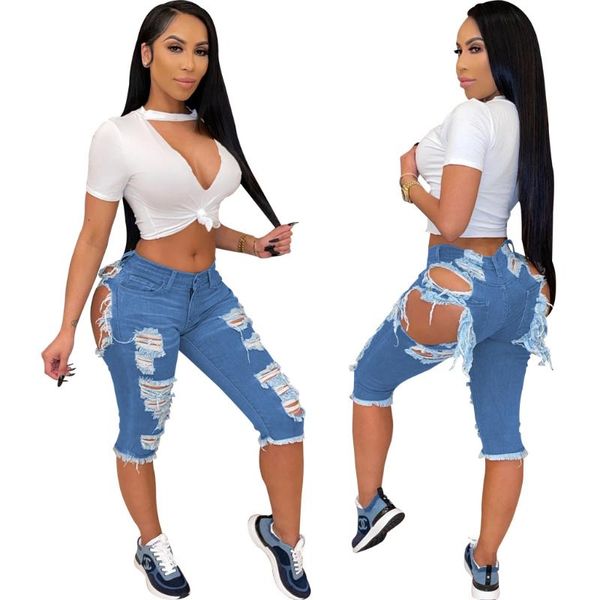 

women's jeans autumn denim shorts fashion hand-worn ripped stretch high-waist straight-leg pants products for ladies, Blue