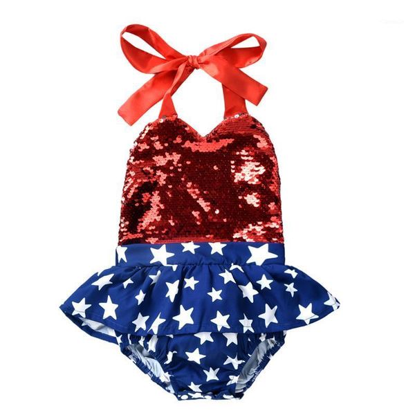 

rompers baby girls star print romper dress with sequins halter sleeveless v-neck lace-up short jumpsuit for summer, Blue
