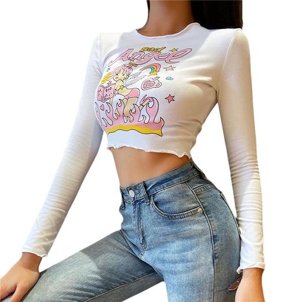 

women's t-shirt casual o-neck lady t-shirts long sleeves white print loose short wear female crop spring fall femme tee shirts club