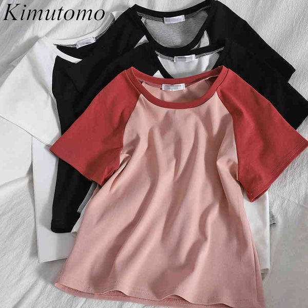 

kimutomo casual colorblock t-shirt women spring summer fashion female o-neck short sleeve slim korean chic 210521, White