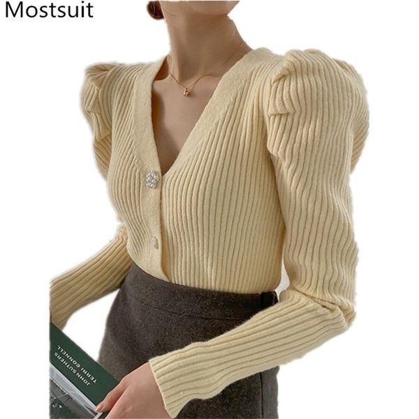 Spring v-pescoço de malha cardigan suéter mulheres manga puff manga única-breasted vintage elegante elegante jumpers femme 210513