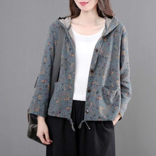 

cotton and linen casual hooded jacket 2021 spring autumn retro floral print loose comfortable women's jackets, Black;brown