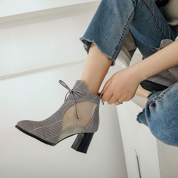 

boots autumn pointed hollow mesh stitching thick high heel ankle cool sizes 34-48 7cm, Black