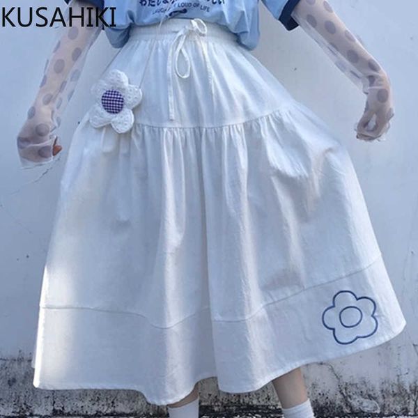 

women spring sweet flower embroidery skirts causal lace up high waist skirt a-line mid-calf faldas mujer 6f454 210603, Black