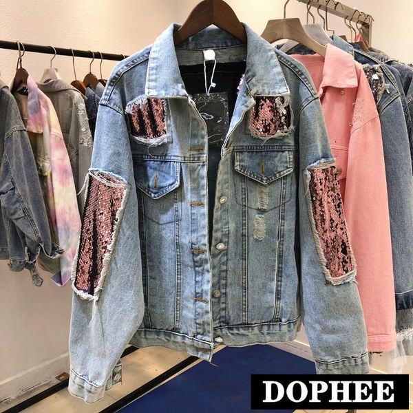 

women's jackets european 2021 autumn heavy pink sequined hole jeans coat loose women ripped denim fashion street outwear, Black;brown
