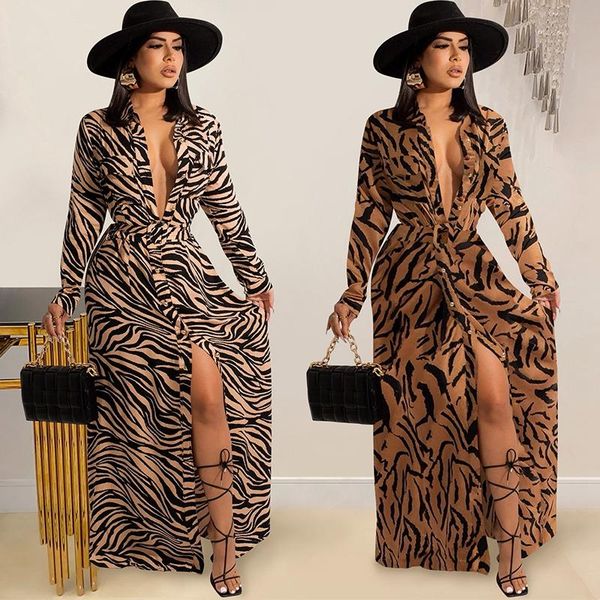 

casual dresses women fashion tiger printed long maxi dress autumn sleeve deep v neck high waist bandage split nighclub party, Black;gray