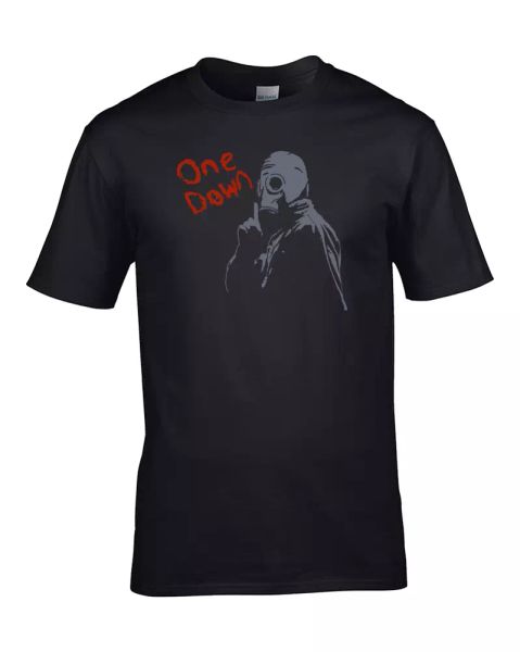 

one down- british cult horror movie gas mask inspired men's t-shirt, White;black