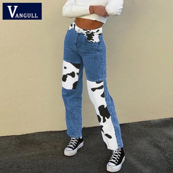 

vangull cow print patchwork women's jeans pants spring autumn high waist straight loose streetwear casual female trousers, Blue