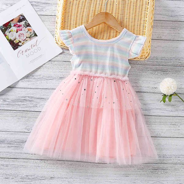 Summer Stitching Girls Dress Cute Bonito Listrado Flyed Sleeve Princesa Puffy Festa de Aniversário 210515