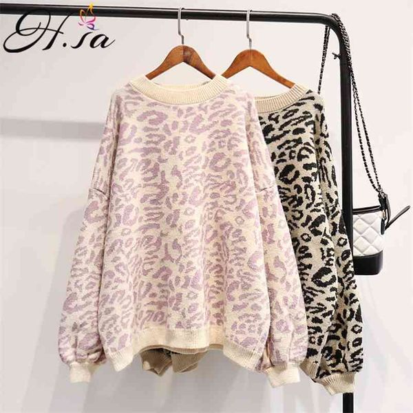 

hsa autumn winter women leopard pullover and sweaters round neck oversize sweater jumpers casual korean pull femme 210430, White;black
