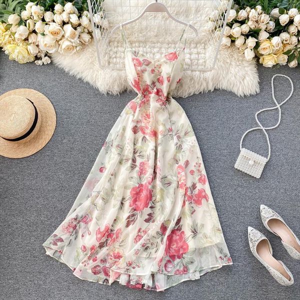 

summer beach chiffon dress womens tank backless bandage bow long robe elegant ladies floral print dresses vestidos mujer, White